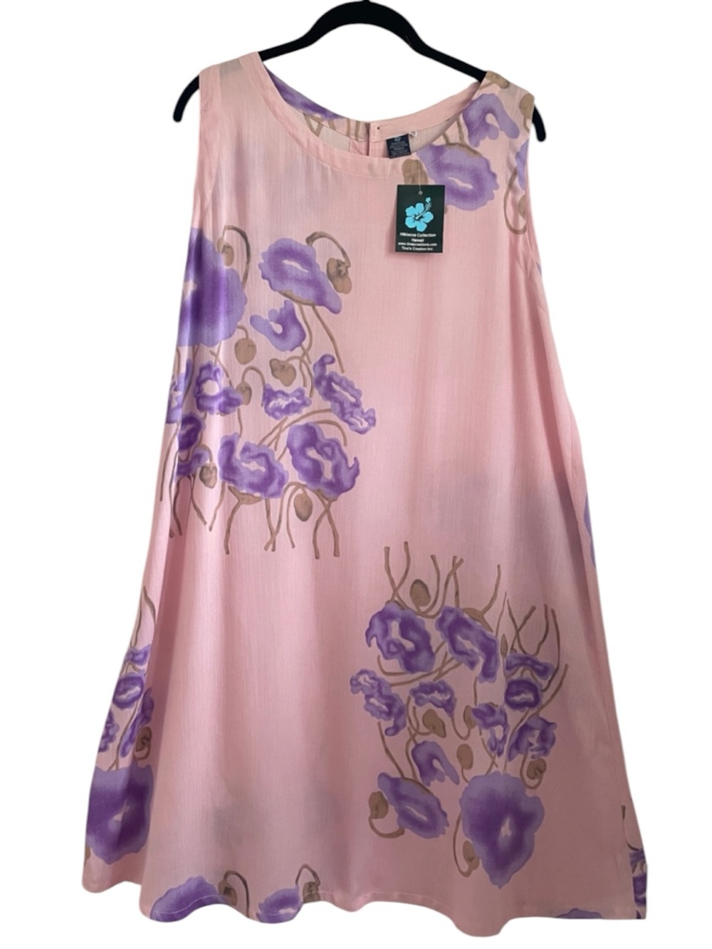 Hibiscus Collection Hawaii Sleeveless Pink Lilac & Beige A-Line Midi-Dress OS